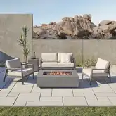 Aegean 5 Piece Outdoor Loveseat Set & Fire Table in Weathered Slate Steel & Tan Fabric